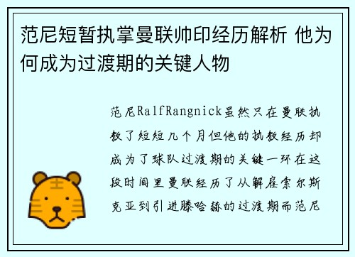 范尼短暂执掌曼联帅印经历解析 他为何成为过渡期的关键人物